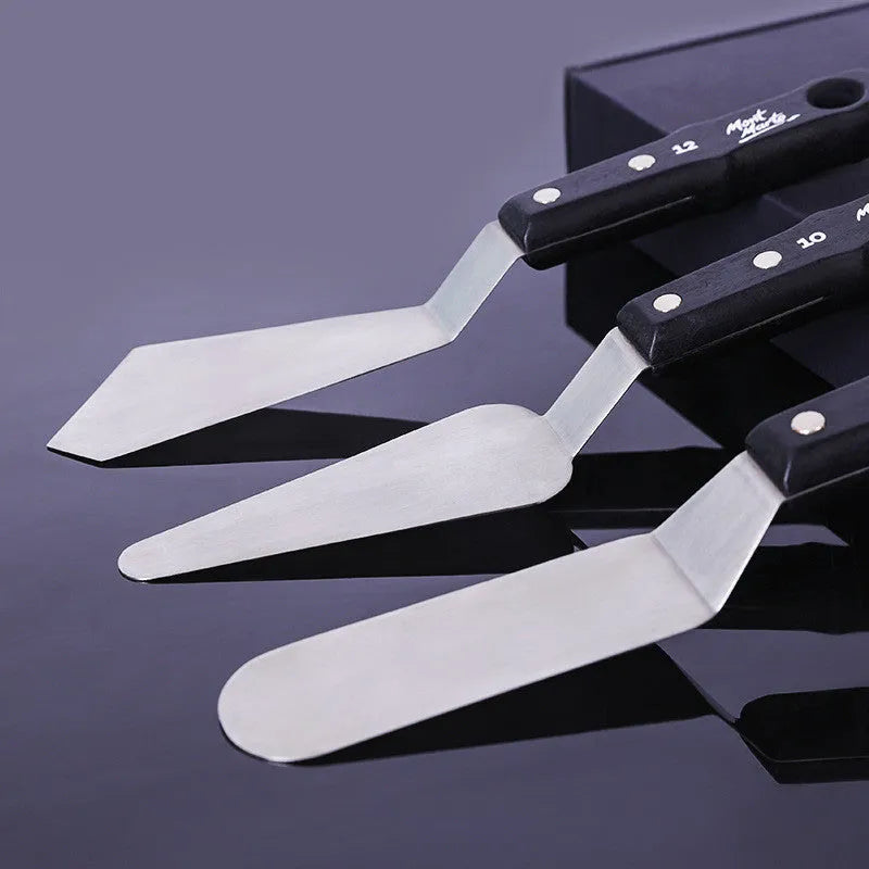Three stainless steel artist palette knives No. 3, No. 10, and No. 12 for oil and acrylic painting