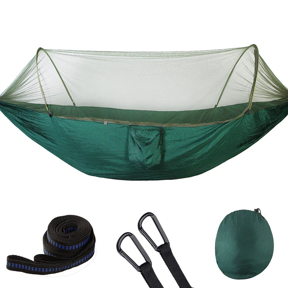 Premium 210T nylon outdoor hammock with mosquito net, featuring a quick pop-up design for easy setup and versatile use in various outdoor settings.