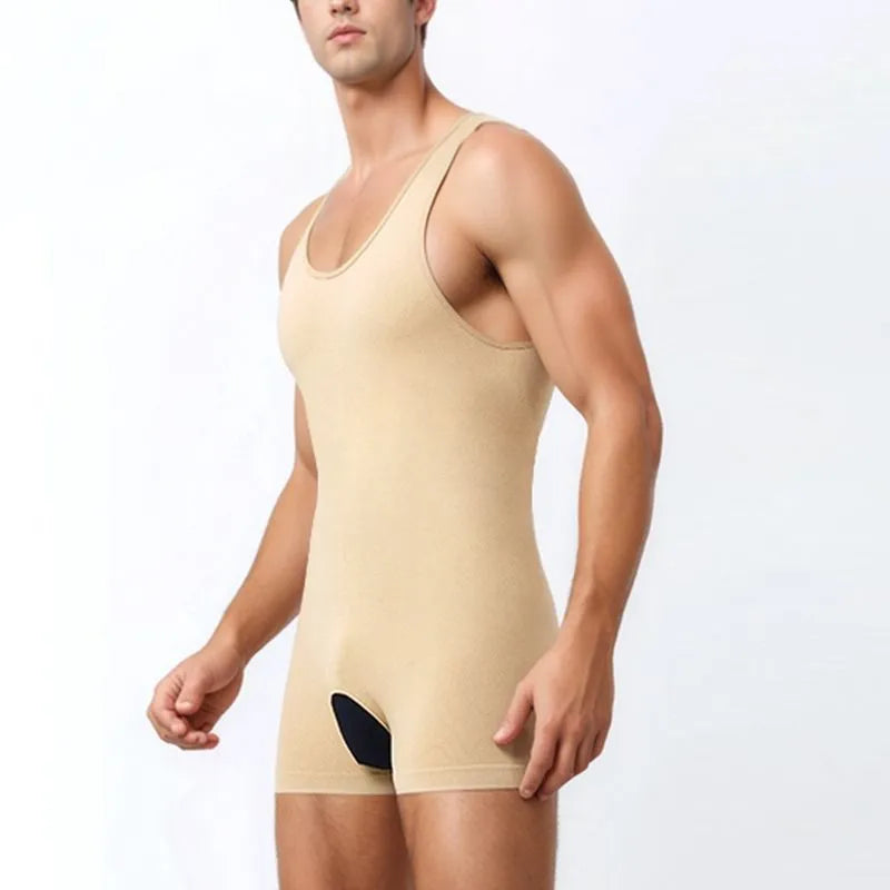 Men's shaping fitness training plus size waist-tightening brief bodysuit in black nylon