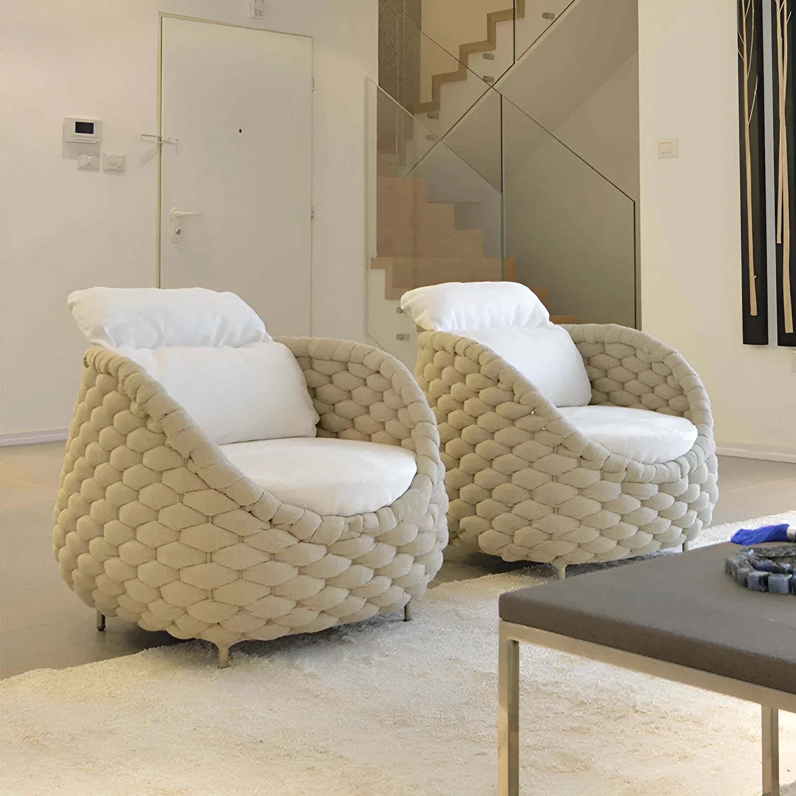 Outdoor patio lounge sofa coffee table set with PE rattan weave, aluminium frame, and high-density sponge cushions.