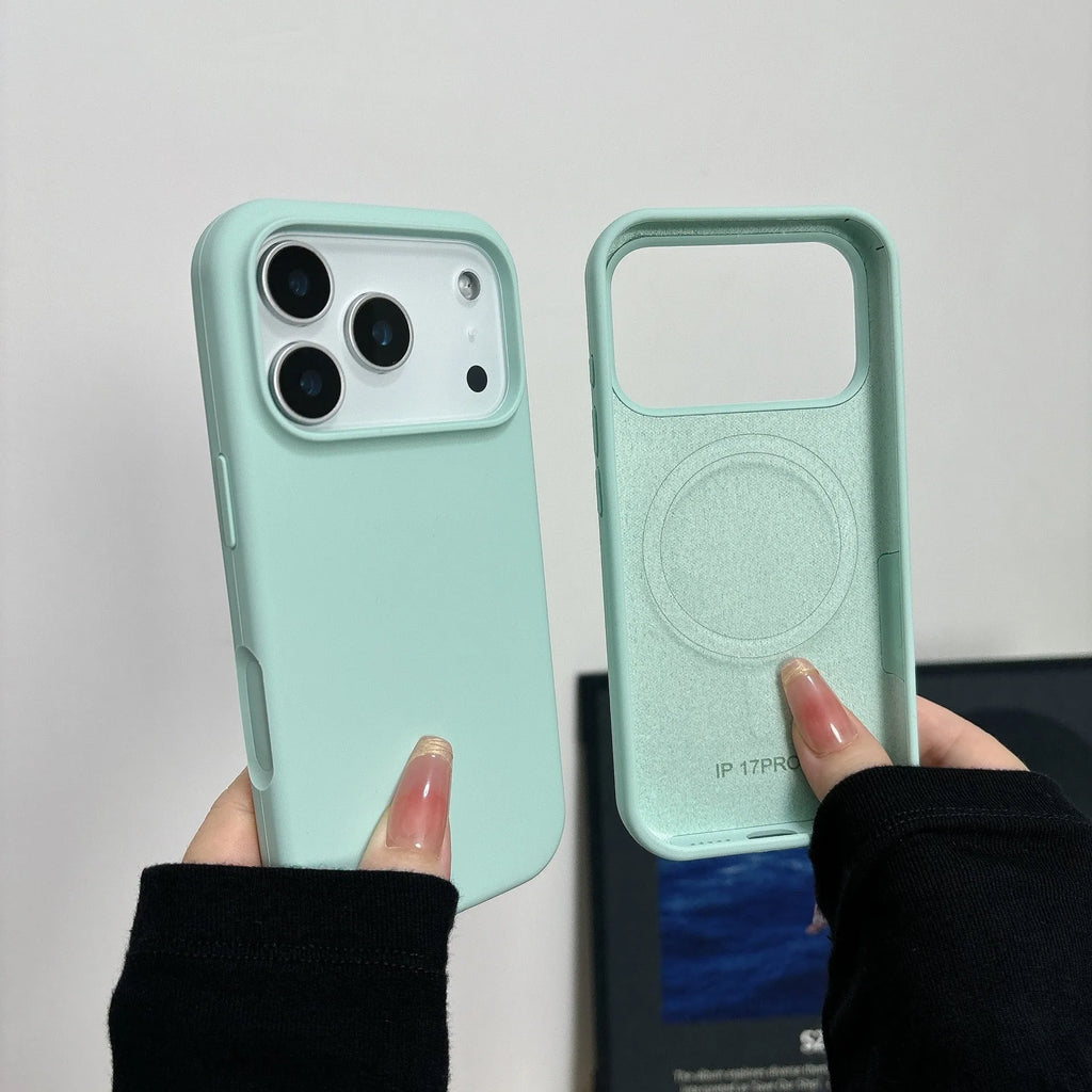 Liquid silicone magnetic charging phone case for iPhone with a dedicated AI button, shown in antique white colour.