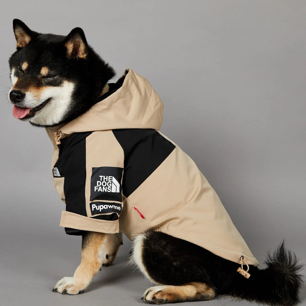 Khaki polyester dog shell jacket showing simple design for canine weather protection