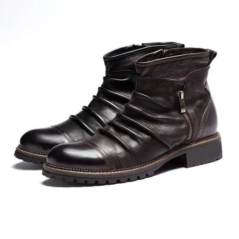 Retro round toe PU leather Martin chunky heel ankle boots in black with side zipper and rubber sole