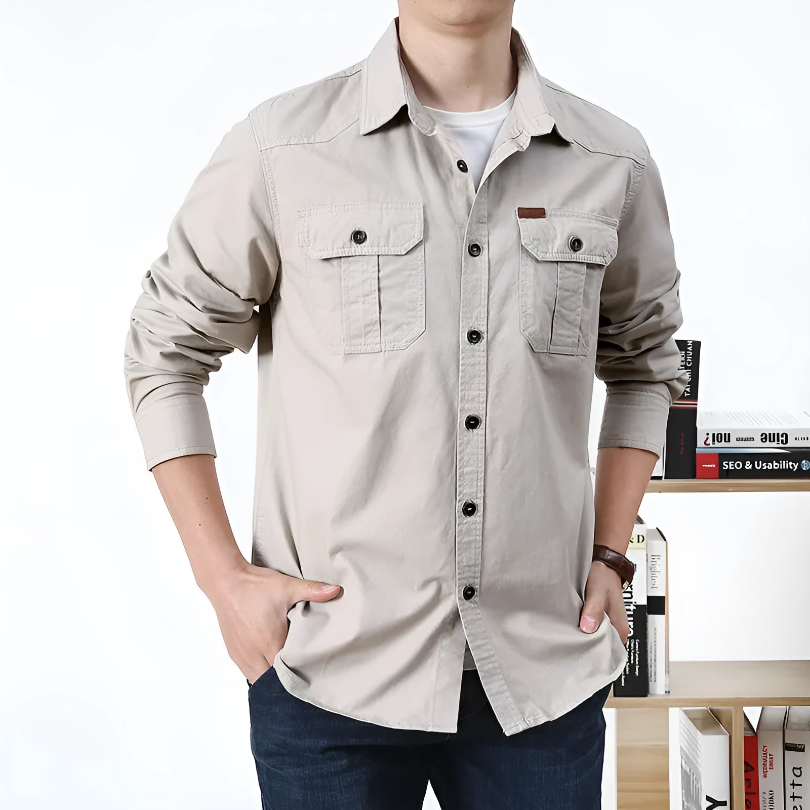 Cotton men's loose fit military style long sleeve shirt in khaki, front view, available in sizes M to 6XL