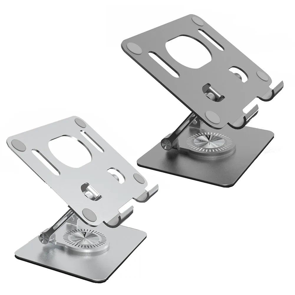 Rotating metal and silicone tablet stand in silver or black, showing adjustable height and 360-degree rotation.