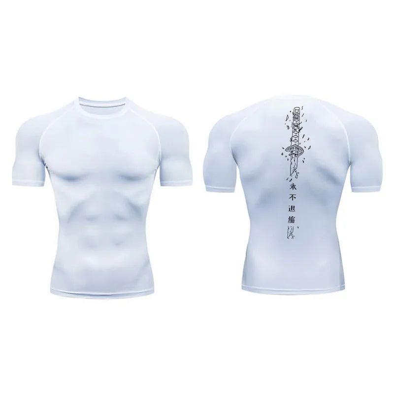 Men's short sleeve compression shirt with sword print design in chemical fibre blend fabric