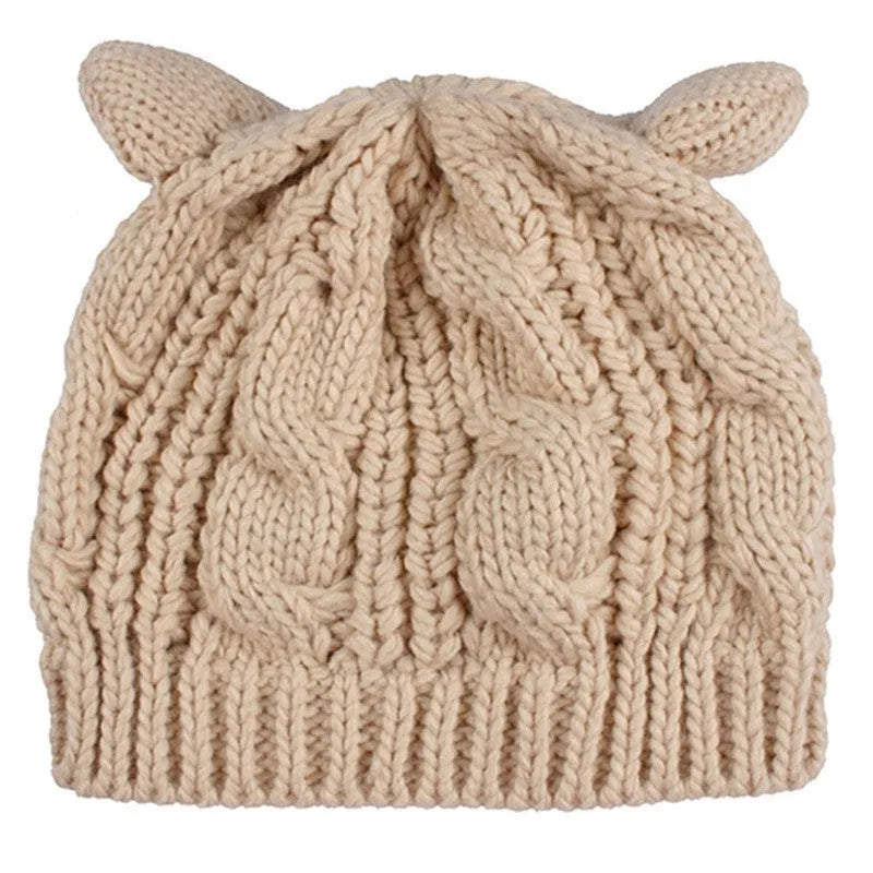 Hand made 3D cat ear knitted wool beanie in multiple colours for winter wear
