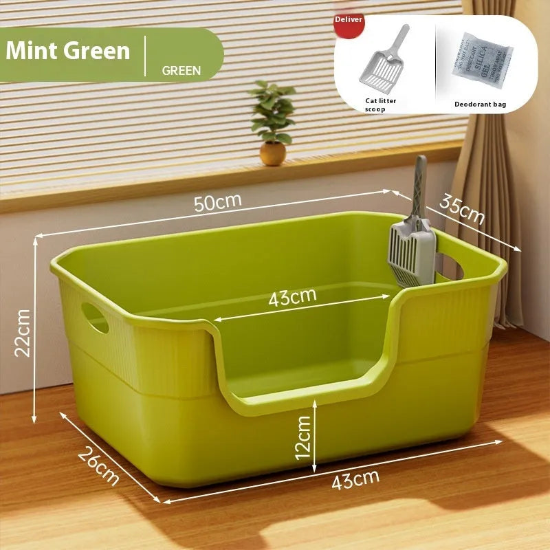 Oversized open semi-closed cat litter box in assorted colours on a white background.