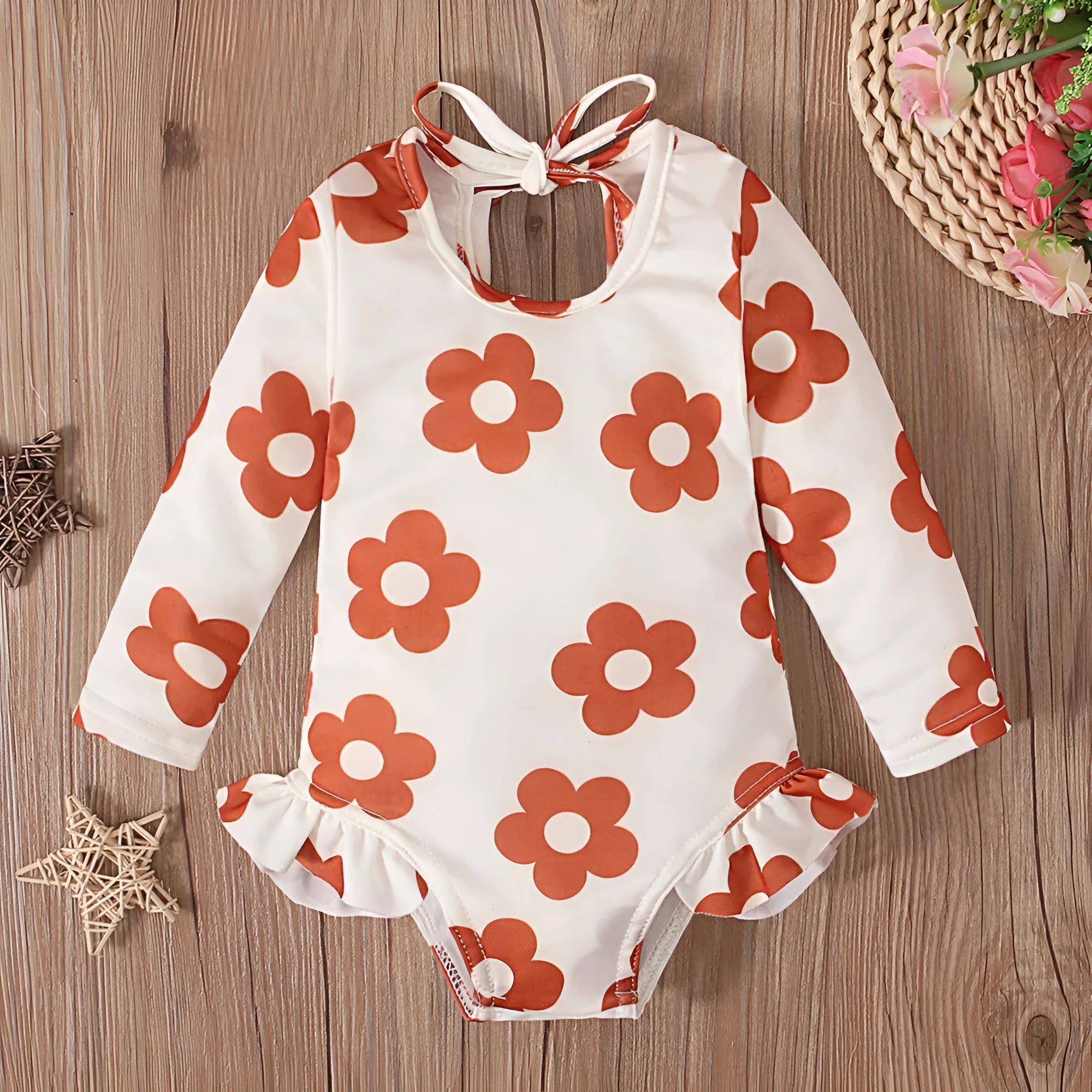 Girl's floral print open back swimsuit in orange red with crew neckline and Asian-fit sizing
