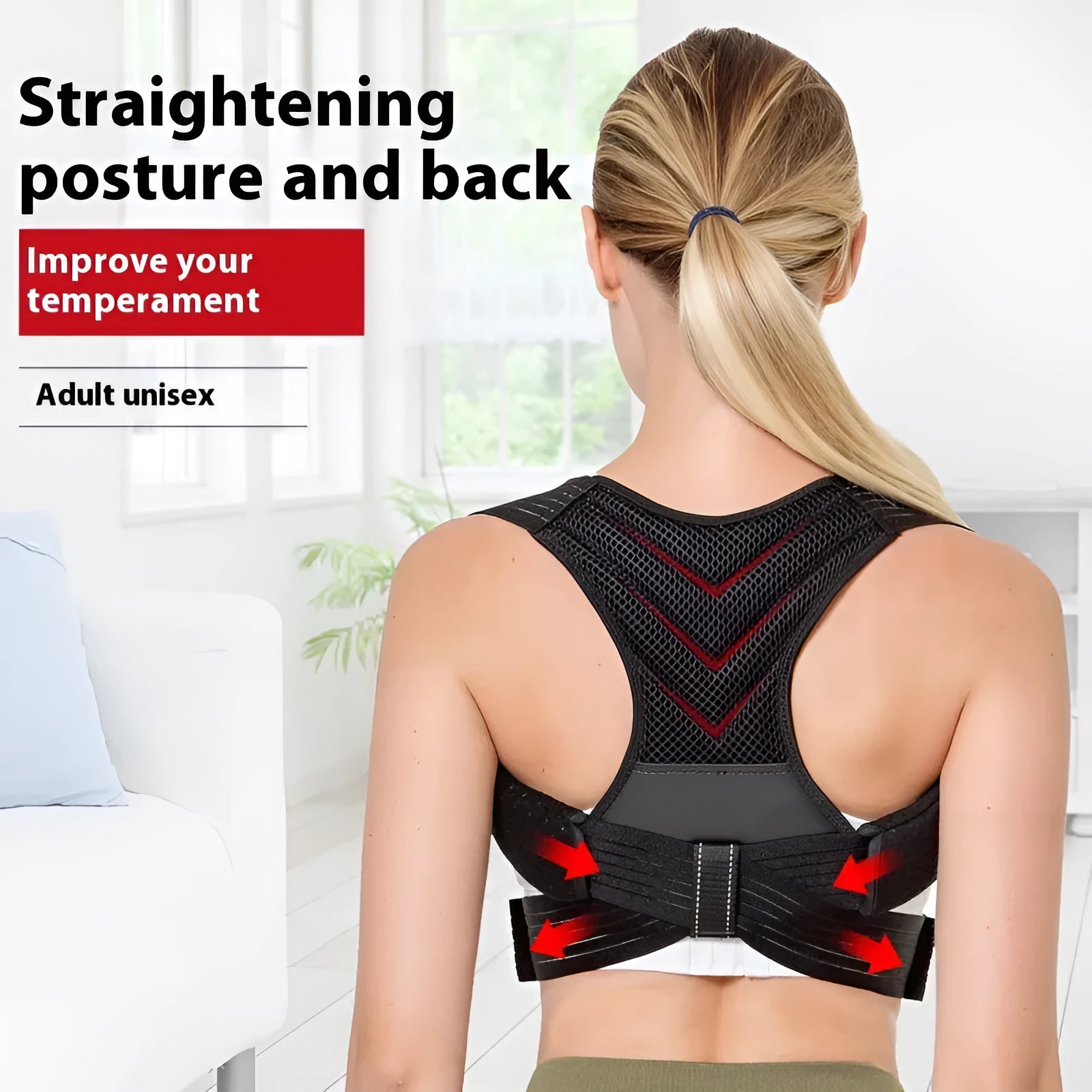 Black adjustable anti-humpback posture correction belt shown on a model, highlighting the straps and upper back coverage.