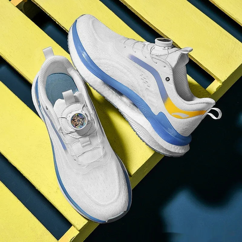Men's high top mesh running shoes in cotton candy colour with buckle fastening and composite sole.
