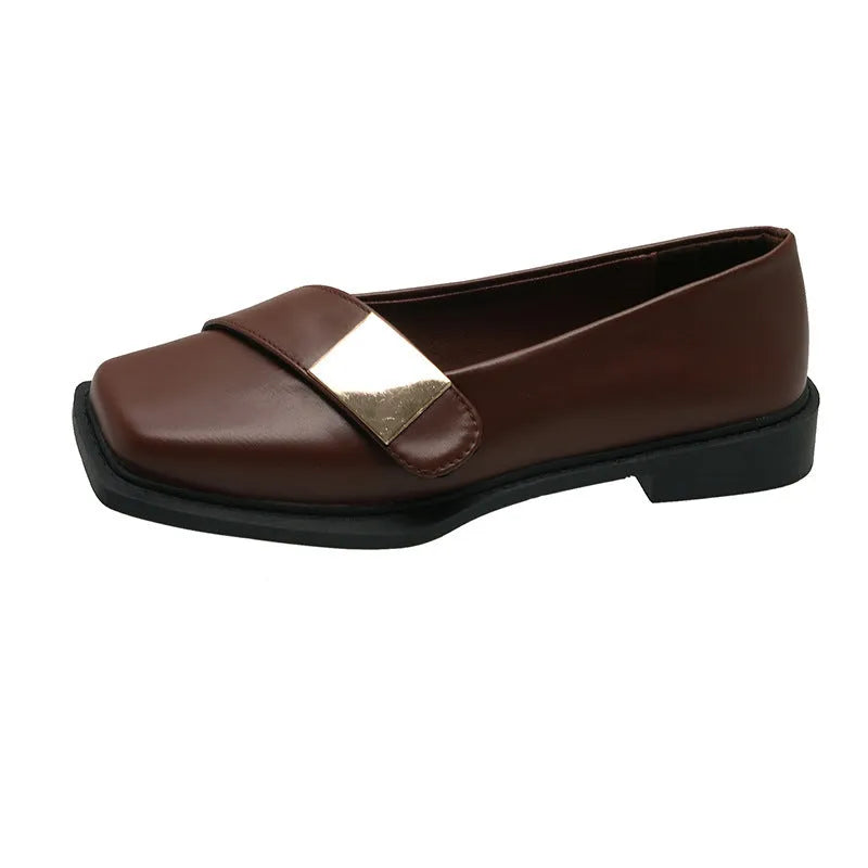 Beige women's square toe flat shoes with a metal buckle and low square heel