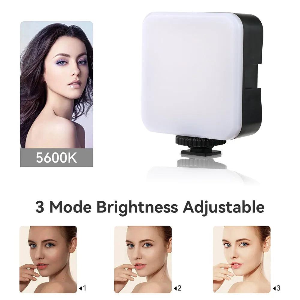LED mini square outdoor pocket light tripod flash unit showing compact dimensions and rotatable head