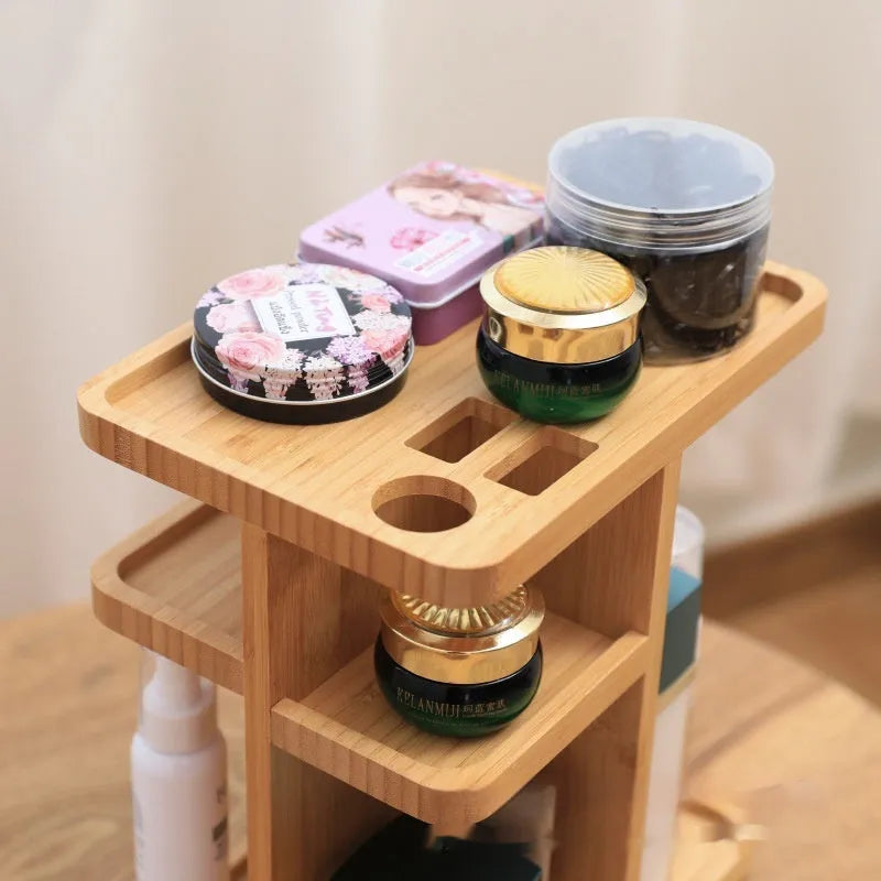 Bamboo rotating storage rack with multiple layers and grid compartments for organisation