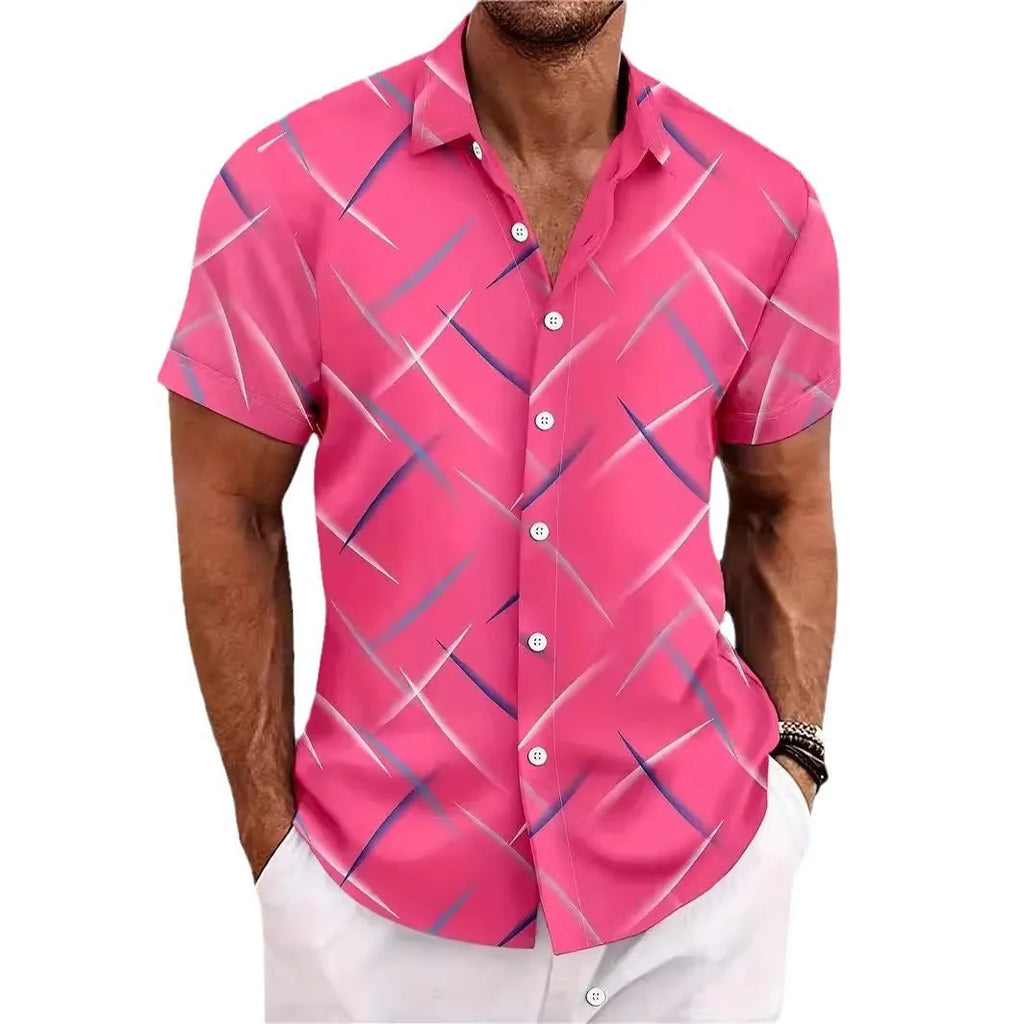 Summer men's striped feather beach short sleeve button shirt in loose cardigan style polyester fabric