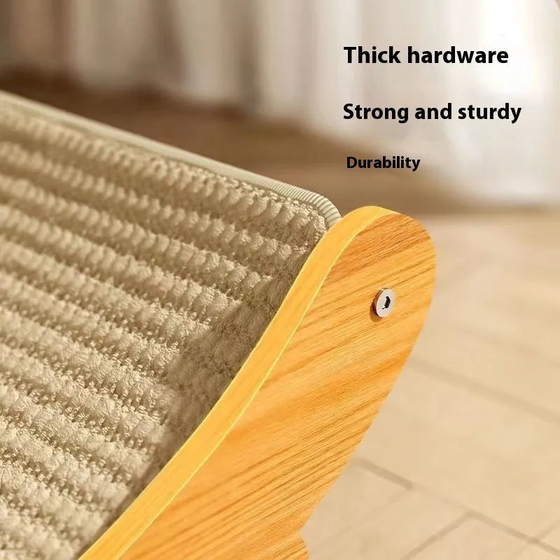 A pastoral-style sisal cat scratch board shown in two available sizes on a wooden floor.