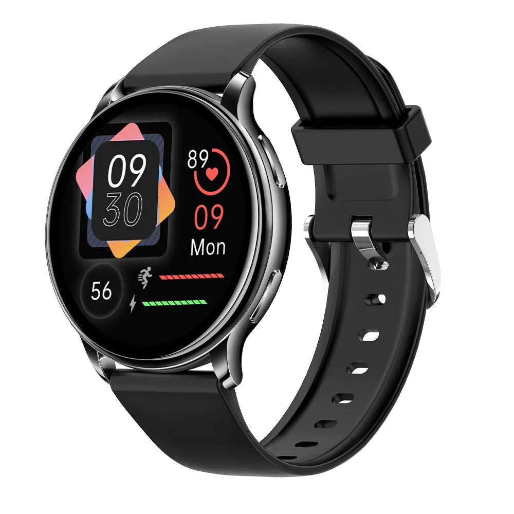 Smart couple watch with round screen, silicone strap, aluminium alloy case, available in Black, Grey and Pink