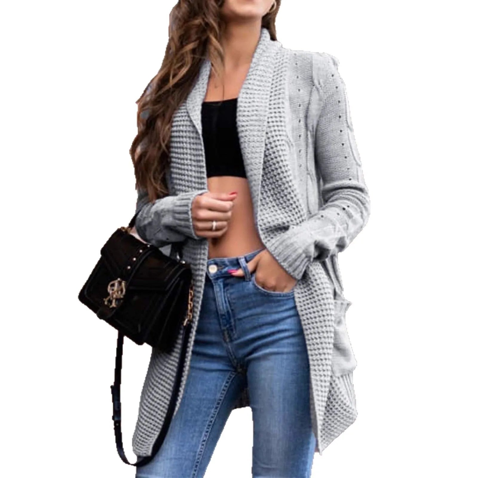 Women's grey cardigan sweater with side pockets, loose street-fashion fit