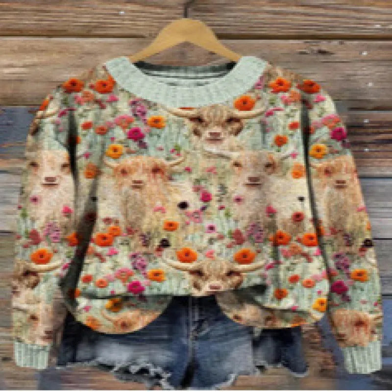 Digital printed floral pattern on a grey round neck sweater, showing the front view.