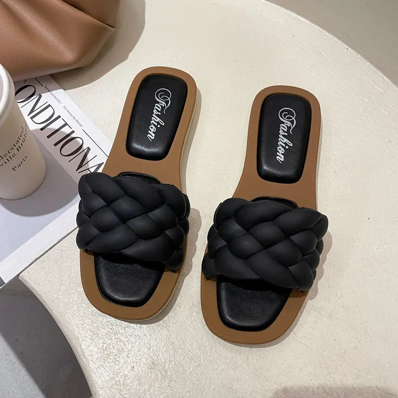 Women's plaid-patterned PVC beach sandals with a thick anti-skid sole, shown in white, green, orange, and black.