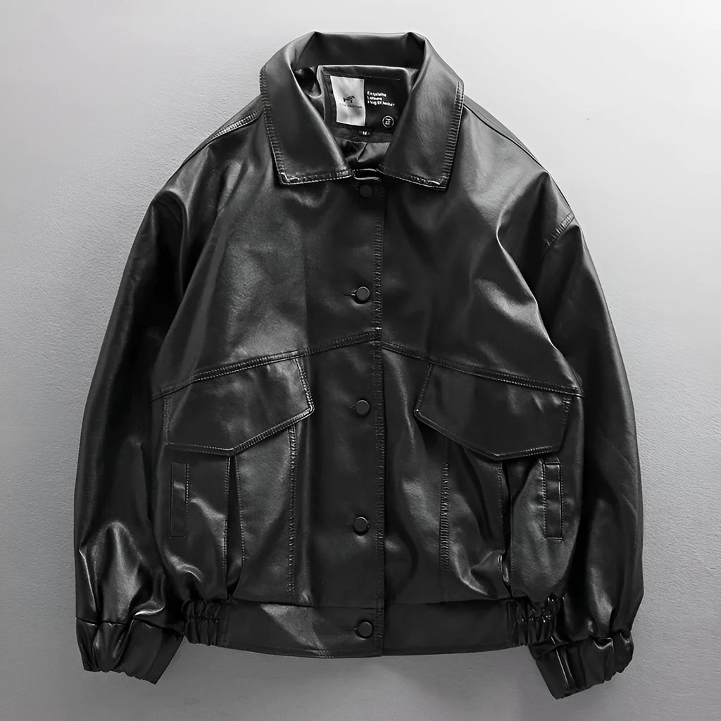 Men's black PU leather biker jacket loose street style with padded design on a model