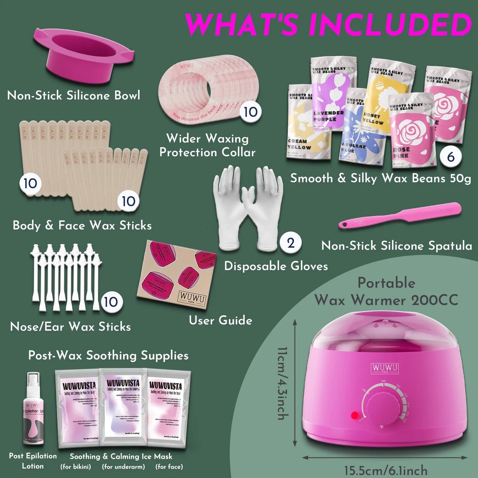 WUWUVISTA professional waxing kit with 200cc smart warmer, six wax formulas, aftercare system and applicators