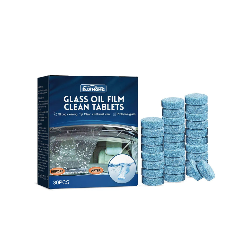 Box containing 30 car oil-removing film cleaning effervescent tablets for windscreen and glass surfaces