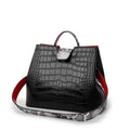 Black women's messenger bag bucket shape with colour contrast detailing and zipper closure