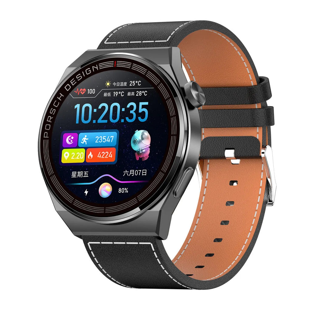 Smartwatch with round black casing and black steel strap on a wrist, showing home screen on its 1.39 inch display.
