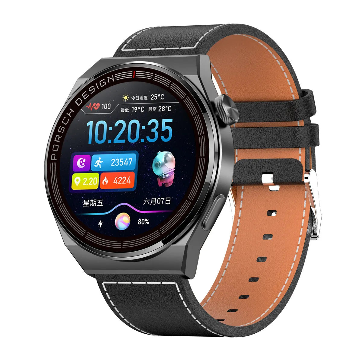 Smartwatch with round black casing and black steel strap on a wrist, showing home screen on its 1.39 inch display.