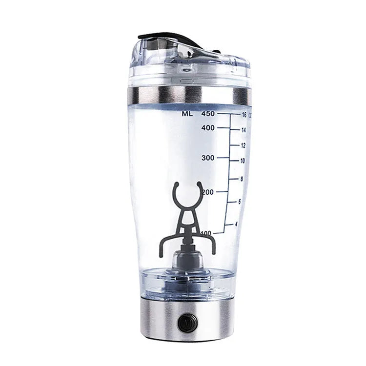Stainless steel colour USB rechargeable electric blender bottle with motorised lid and 600ml capacity.