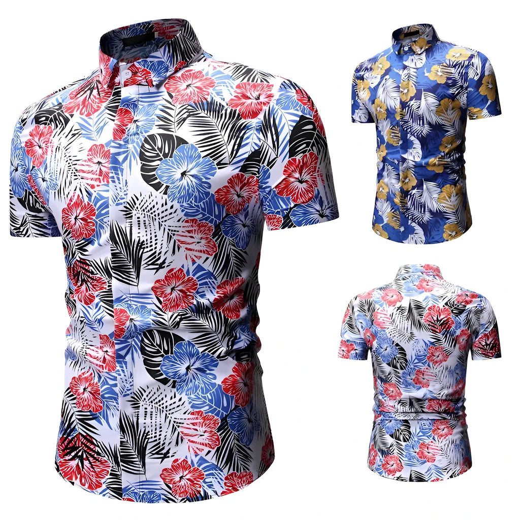 Men's white polyester square collar floral short-sleeved beach shirt