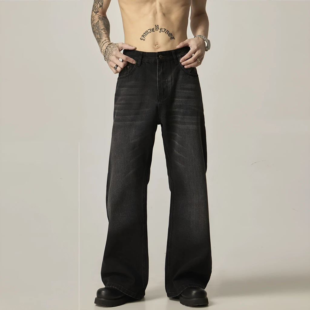 Black loose straight retro jeans with zipper fly shown from front and back views