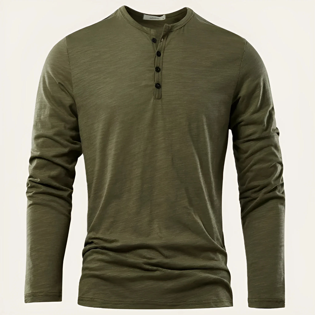 Men's solid colour cotton long-sleeved pullover top in khaki slub fabric, front view, casual fit