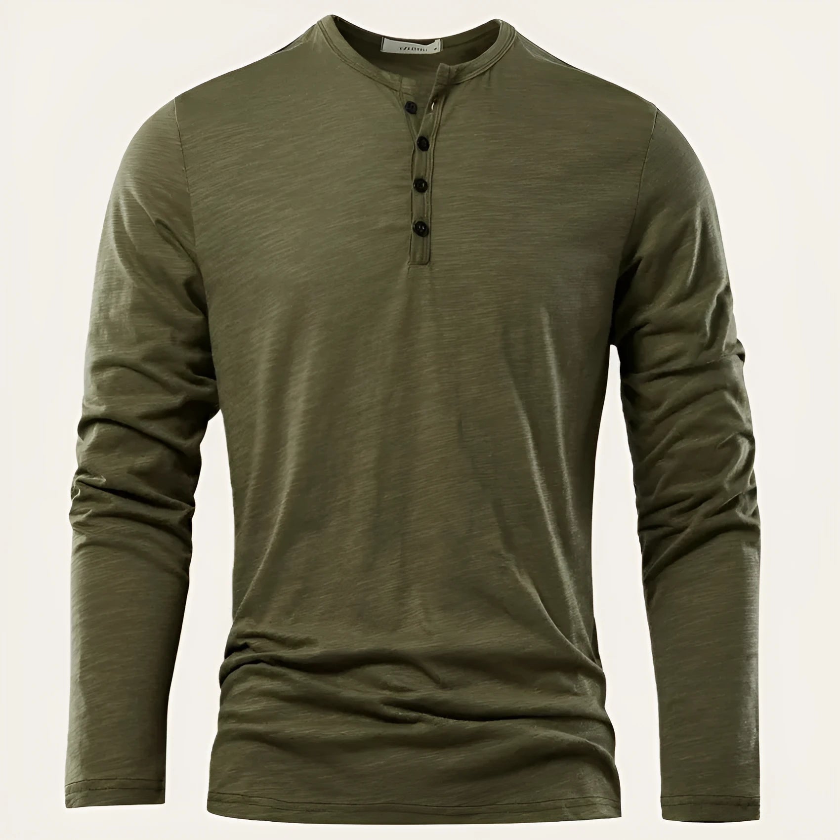 Men's solid colour cotton long-sleeved pullover top in khaki slub fabric, front view, casual fit