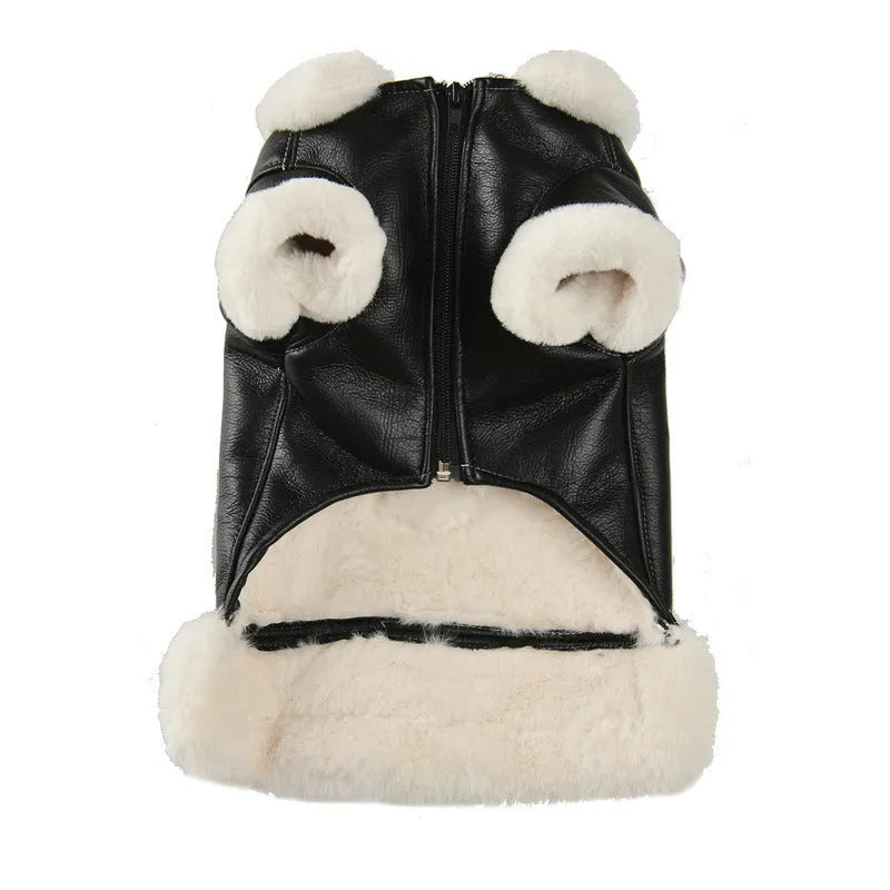 Black leather dog jacket shown on a medium-sized dog, with brown vest option visible.