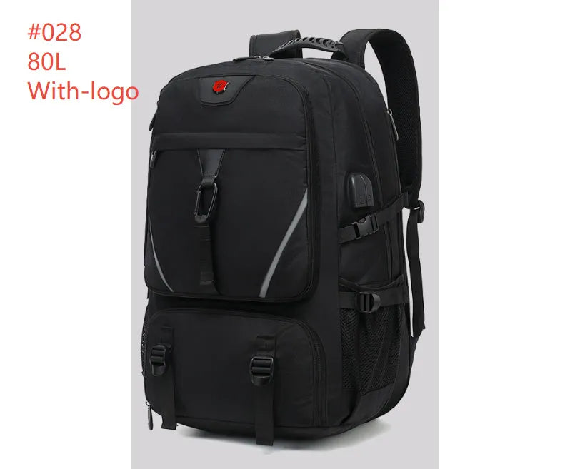 Black men's backpack, 56-75L Oxford cloth, waterproof, USB interface, extended storage