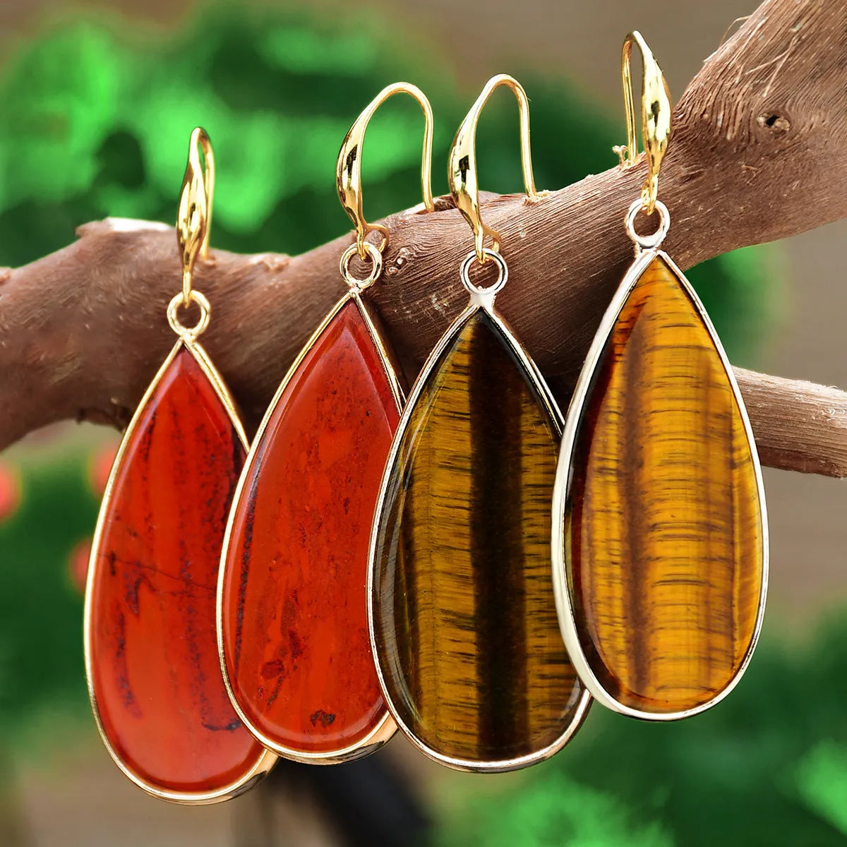 Vintage tigereye long water drop earrings with stone materials and manual processing