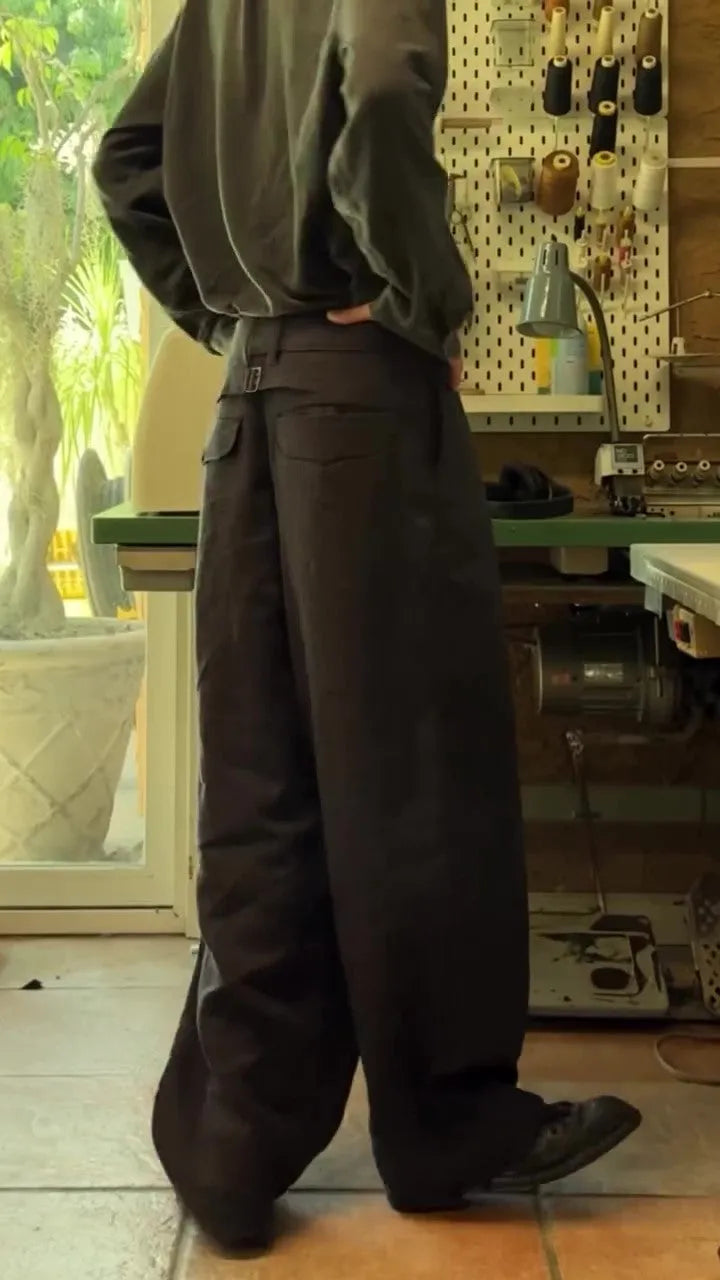 Black casual single-breasted linen wide-leg pants, full-length, regular fit, sizes S to 2XL.