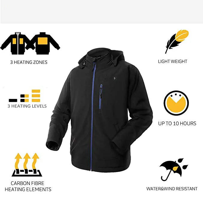 Black men's USB heated winter coat with long sleeves, zipper pockets, and straight hem on a man outdoors.