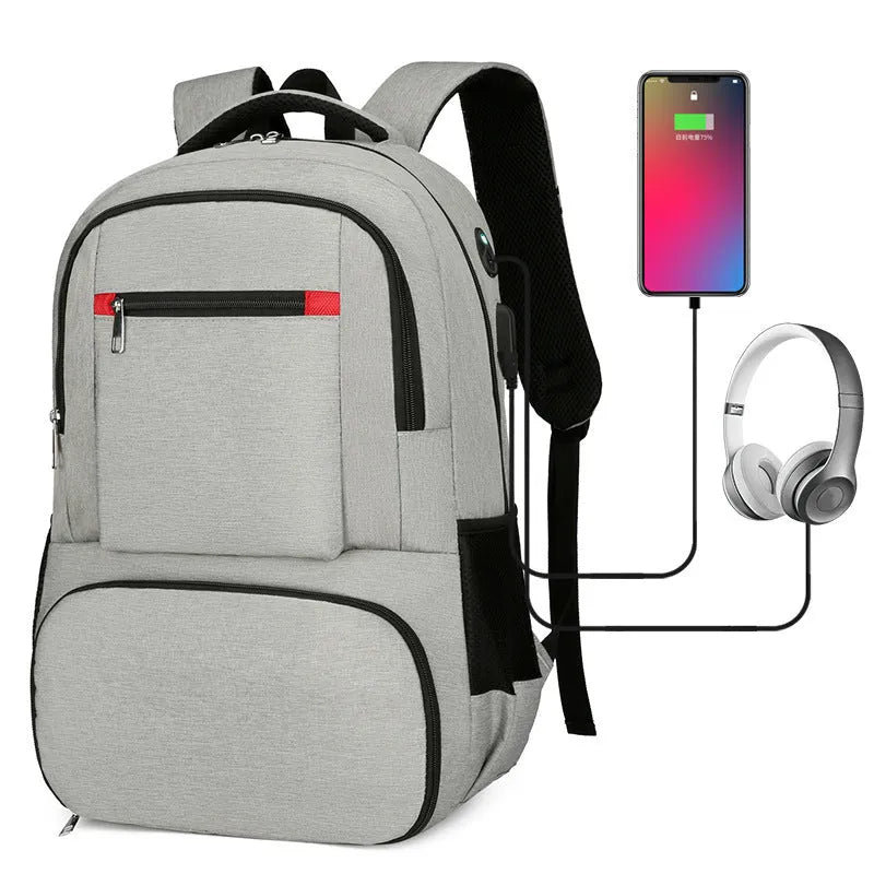 Light grey insulated Oxford cloth backpack with curved shoulder straps and a pull rod belt accessory