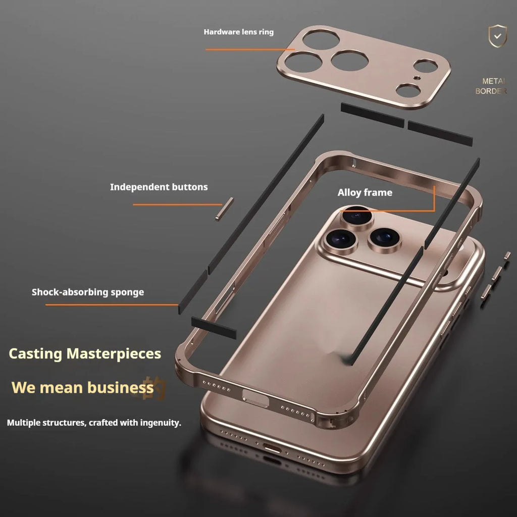 Metal alloy iPhone 17 case with seahorse buckle and reinforced corners in five colour options