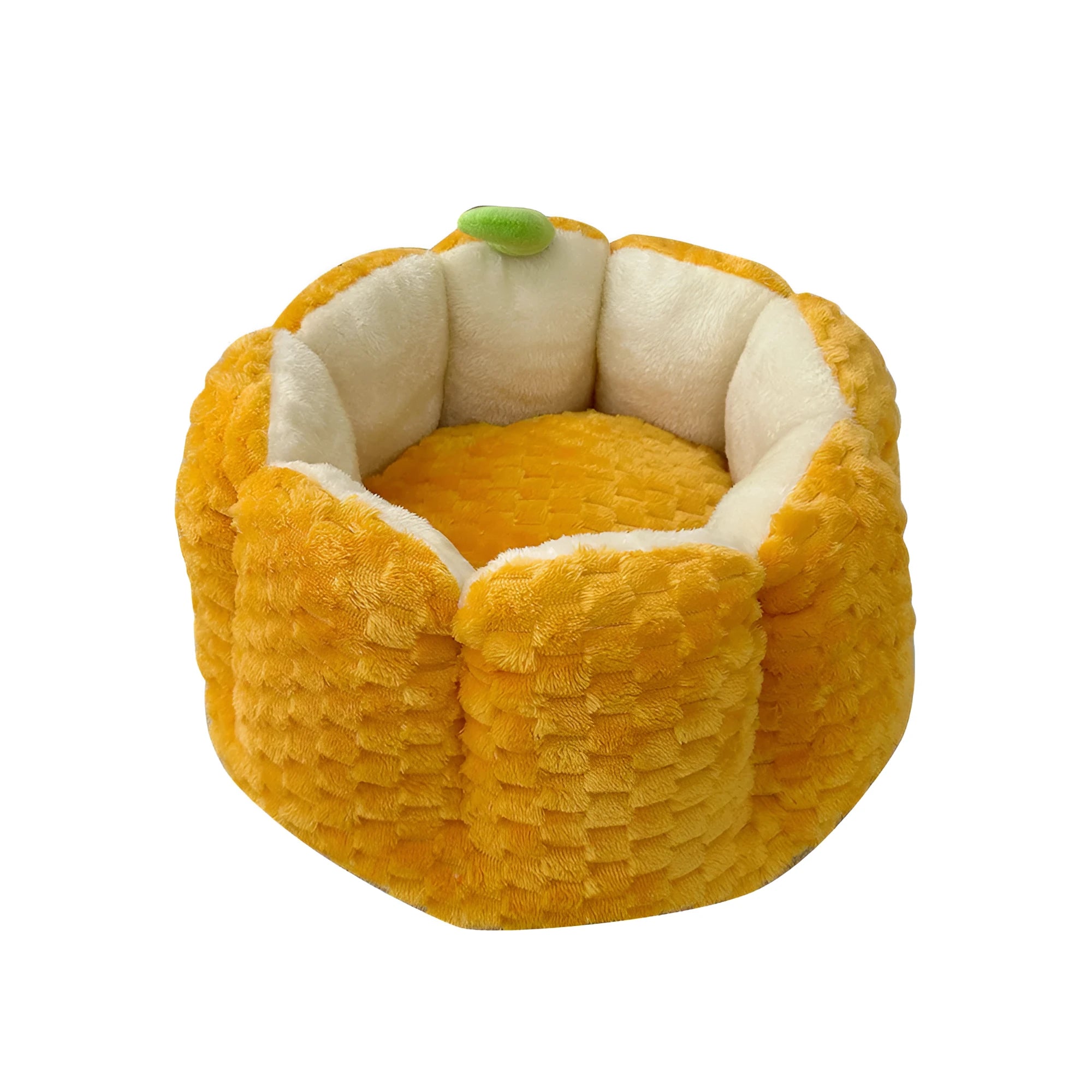 Pumpkin-shaped cat bed with raised rim showing interior cotton filling