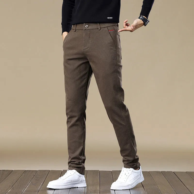 Men's fleece-lined slim fit tapered casual pants in black cotton fabric