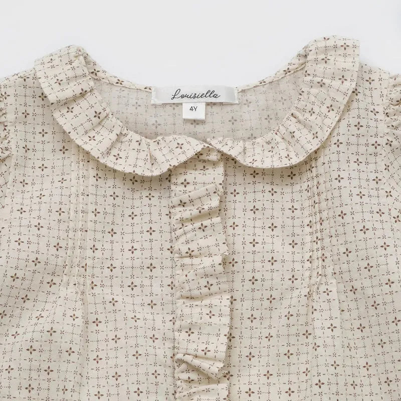 Girls' cotton printed shirt suit with Cross Star top and orange skirt on child model