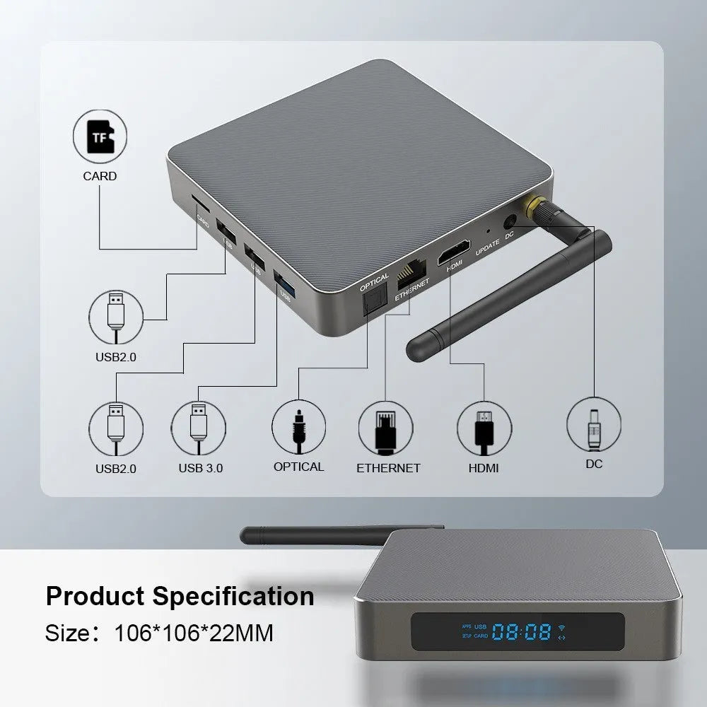 Black Android 8K network set-top box with remote, HDMI cable, and power supply on a wooden surface.