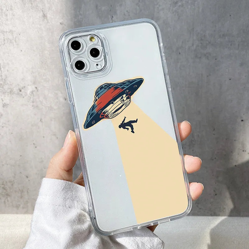 UFO astronaut transparent TPU phone case for iPhone, soft protective cover with astronaut graphic