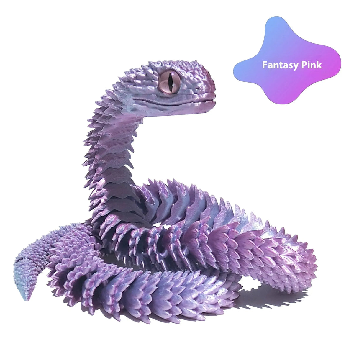 3D printed snake toy decoration in realistic animal simulation style, available in multiple colours and sizes including 30cm, 45cm, 60cm