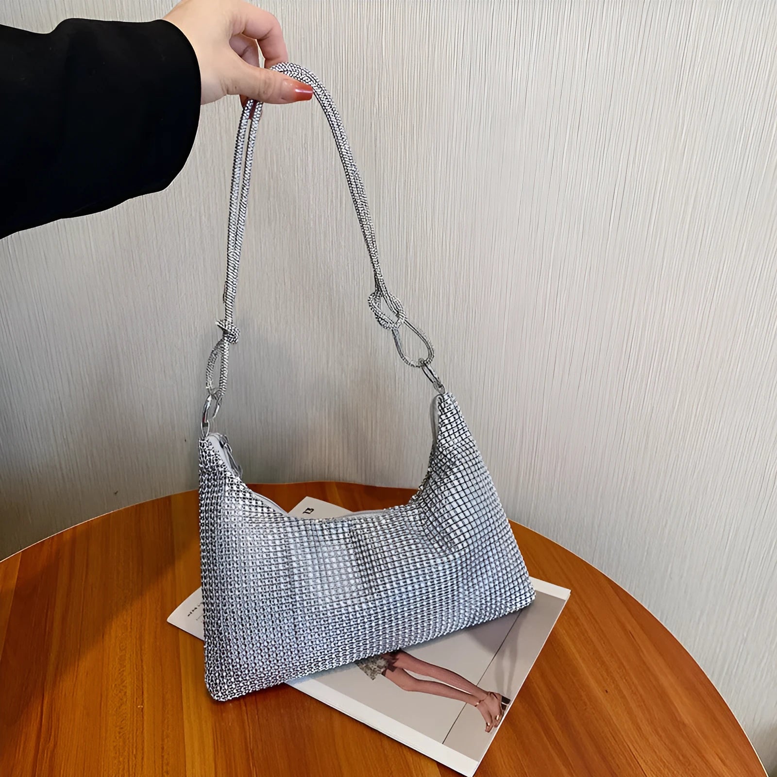 Women's solid-colour nylon shoulder bag with faux rhinestone details, chain strap, and zipper closure in silver