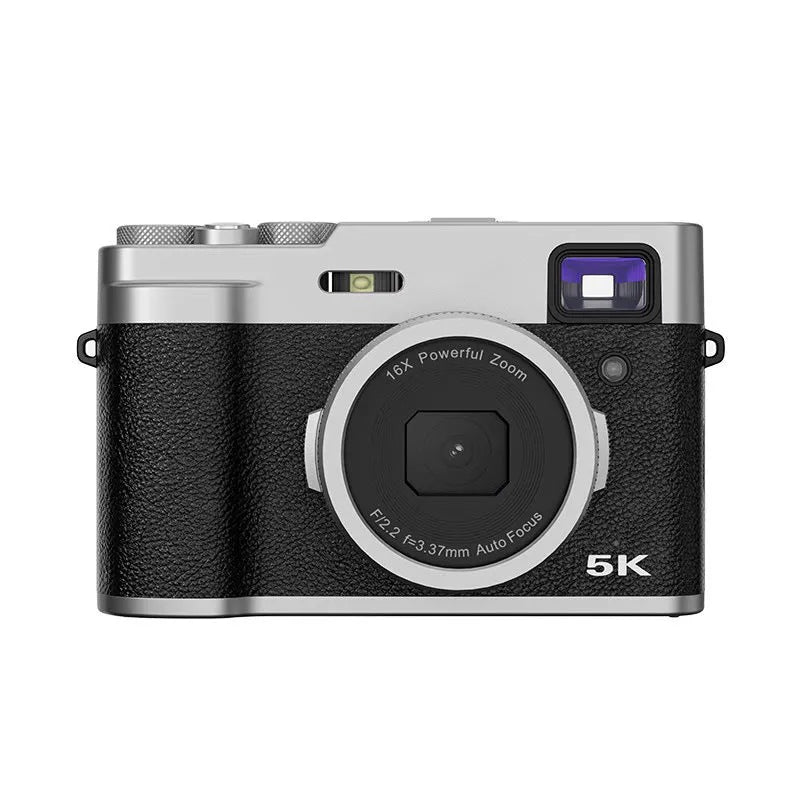 Black 5K digital camera with dual lenses, optical viewfinder, and a 2.88-inch screen on a strap.